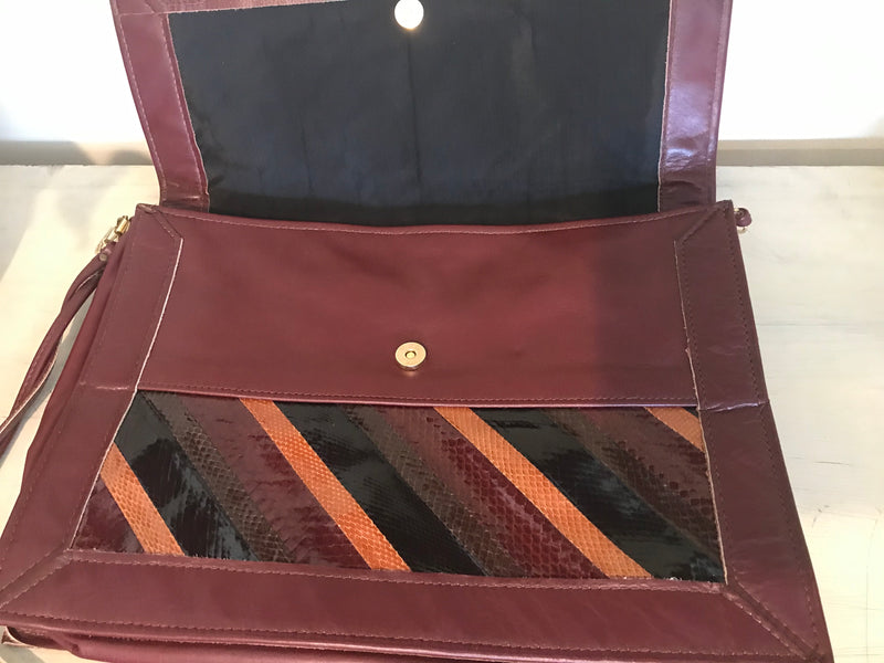Vintage 70's Moiseff Original Shaded Tan & Brown Snakeskin & Tan Leather Clutch Handbag  w/Snakeskin Detail