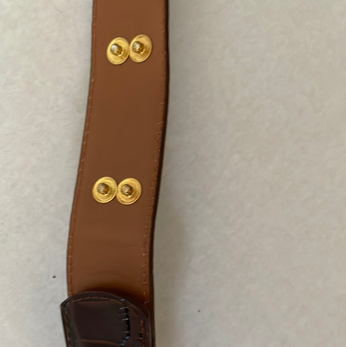 WOMENS BROWN ALLIGATOR GOLDTONE FLORAL SCROLLS BUCKLE BELT