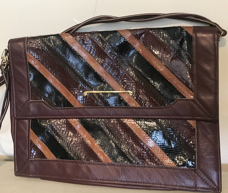 Vintage 70's Moiseff Original Shaded Tan & Brown Snakeskin & Tan Leather Clutch Handbag  w/Snakeskin Detail