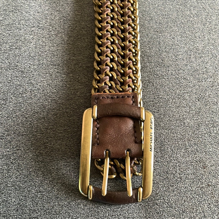 Michael Kors Chain Belt Wide Big Buckle Heavy Weight Leather Brass Gold L Medium
