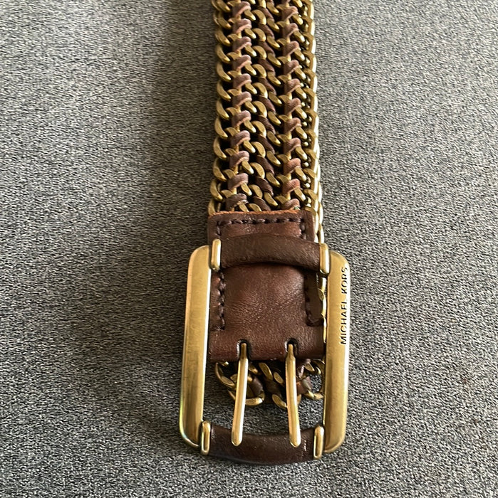 Michael Kors Chain Belt Wide Big Buckle Heavy Weight Leather Brass Gold L Medium