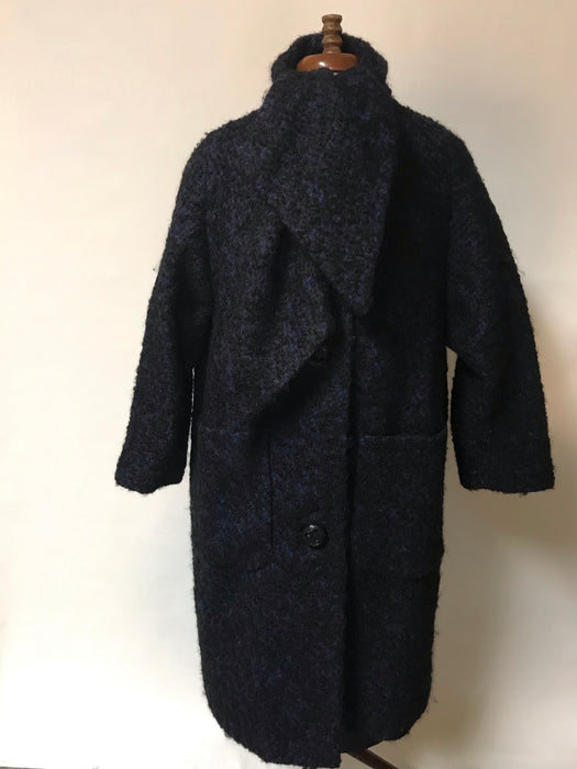 Vintage 50s, Italian, long hair, mohair, black and blue coat, attached scarf