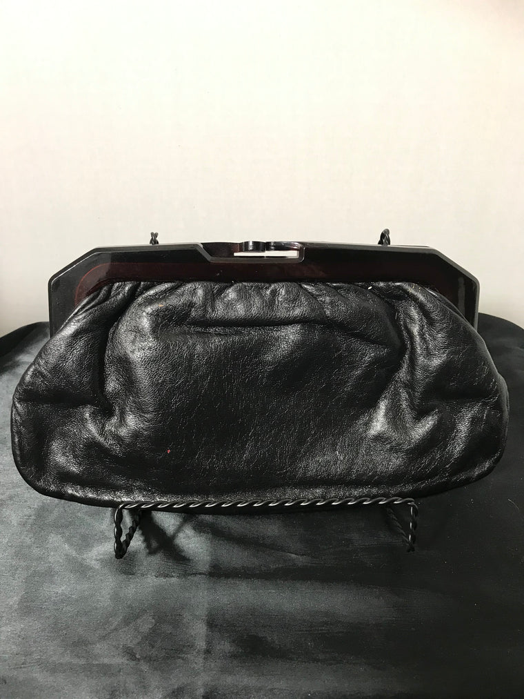 1950s  Black Leather Clutch Handbag with Bakelite Handles