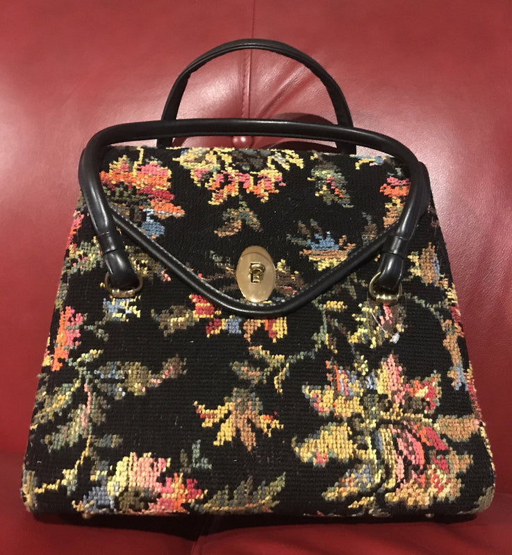 Vintage Olla' 1950's - 1960's Floral Tapestry Carpet Bag