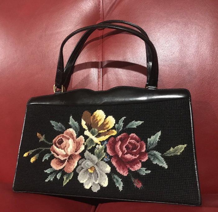 Black Leather & Needle Point Purse  Made in British Hong Kong for Lansfurgh's