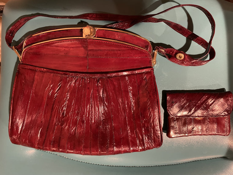 SALE Deep Red Eelskin Shoulder Handbag Vintage 1970s
