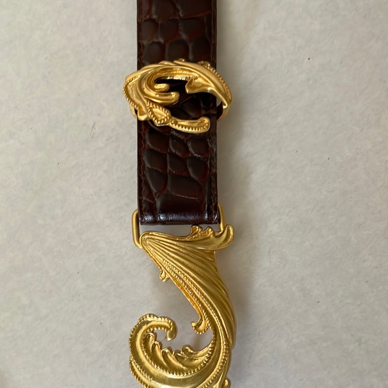 WOMENS BROWN ALLIGATOR GOLDTONE FLORAL SCROLLS BUCKLE BELT