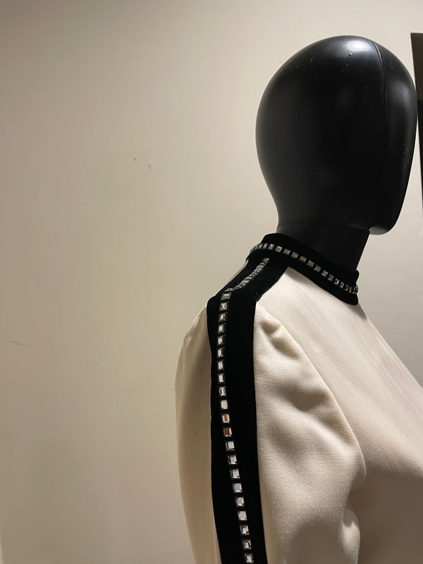 Vintage 1980's Carolina Herrera Cream Wool Cocktail Dress W/ Black Velvet Trim and Rinstones