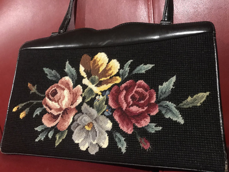 Black Leather & Needle Point Purse  Made in British Hong Kong for Lansfurgh's