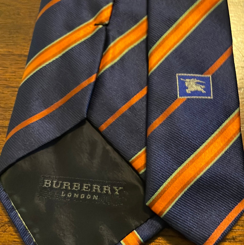 Burberry Navy Blue, Rust, and Orange Diagonal Striped Silk