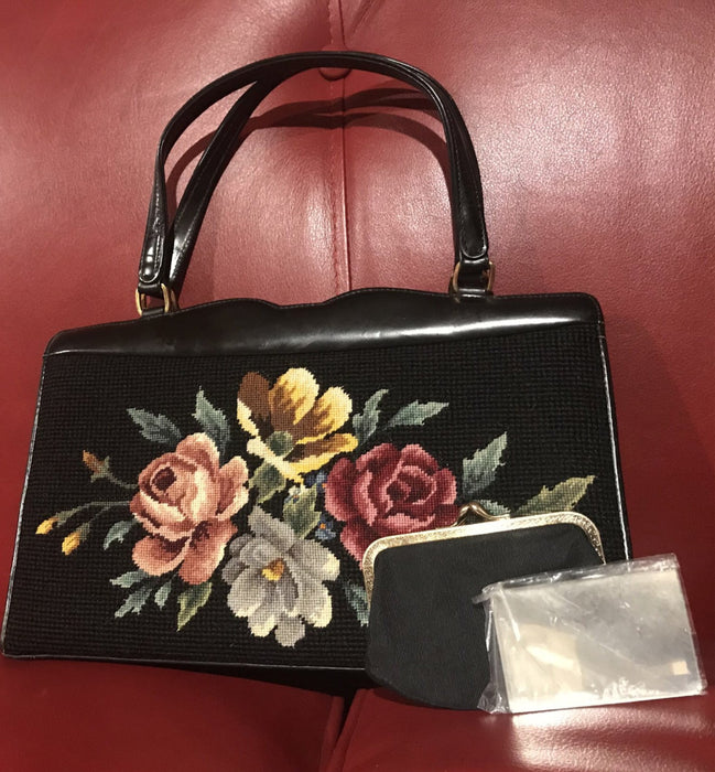 Black Leather & Needle Point Purse  Made in British Hong Kong for Lansfurgh's