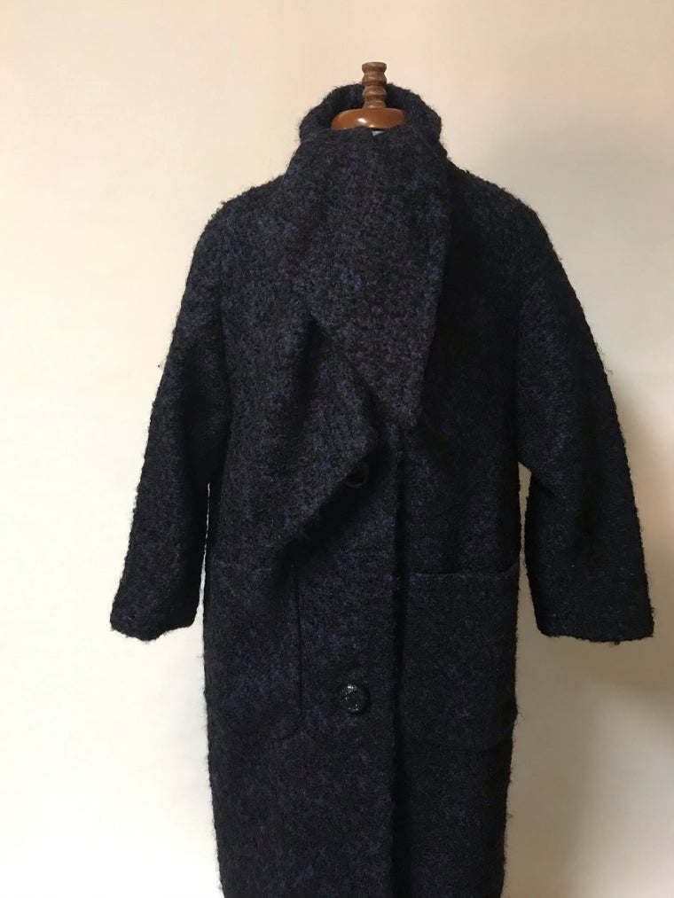 Vintage 50s, Italian, long hair, mohair, black and blue coat, attached scarf