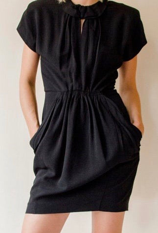 Vintage Norma Kamali 1980s black mini draped dress with pockets