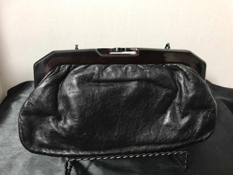1950s  Black Leather Clutch Handbag with Bakelite Handles