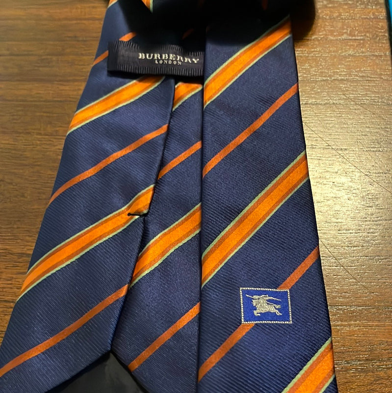 Burberry Navy Blue, Rust, and Orange Diagonal Striped Silk