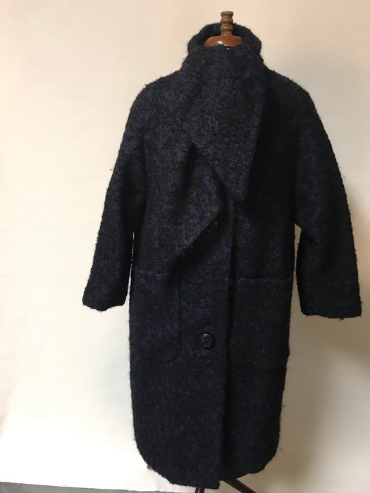 Vintage 50s, Italian, long hair, mohair, black and blue coat, attached scarf