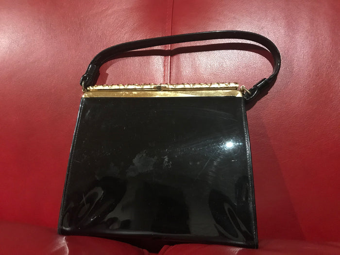 After Five Vintage Black Patent Purse - Gold and Black Hinged frame