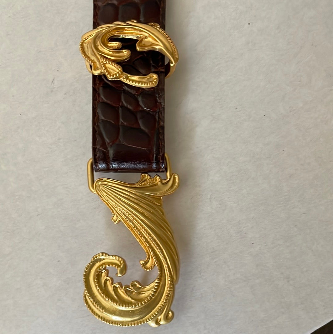 WOMENS BROWN ALLIGATOR GOLDTONE FLORAL SCROLLS BUCKLE BELT