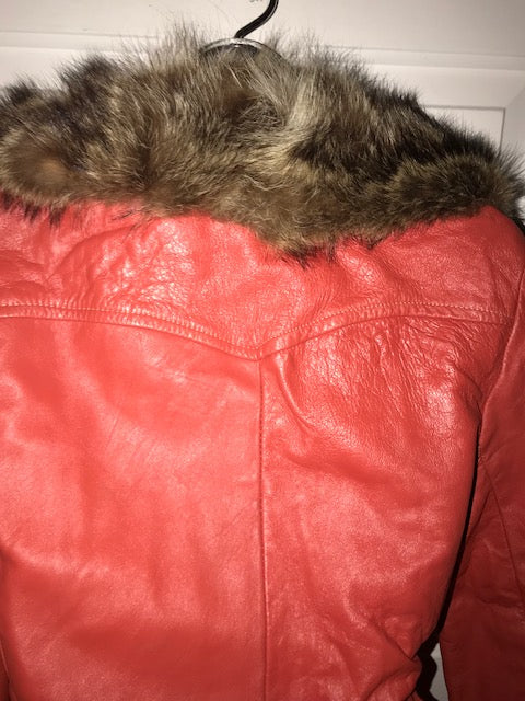 1970s Brick Red Leather Trench with fur collar