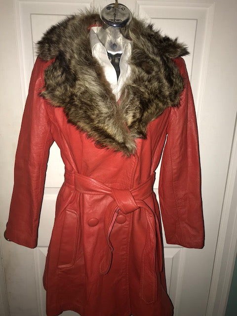 1970s Brick Red Leather Trench with fur collar