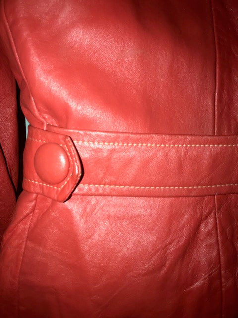 1970s Brick Red Leather Trench with fur collar